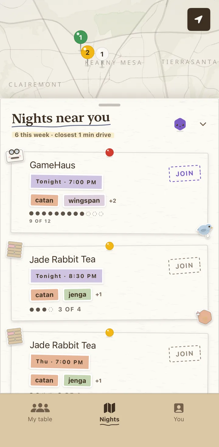 The Nights screen: a map of San Diego with numbered pins above a paper dock listing tonight's tables, each with game stickers and a dashed JOIN stamp.