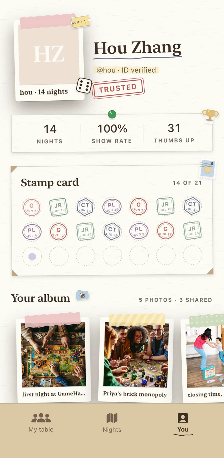 The You screen: a taped portrait print, a TRUSTED stamp, a stamp card with fourteen passport entries, and a row of photos from past nights.