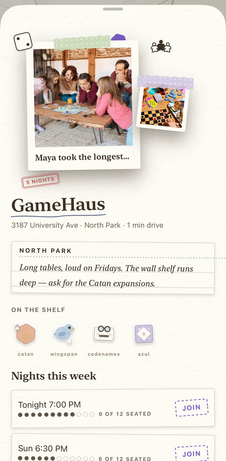 A shop's page in the app: a taped photo of a table mid-game, the shop's name in pen, a journal note, the shelf as game stickers, and the week's nights with JOIN stamps.